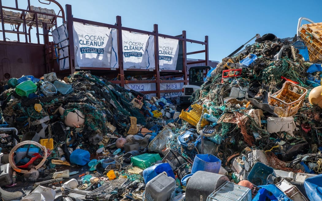 Trash cleaned up from the Great Pacific Garbage Patch by The Ocean Cleanup, a non-profit environmental organization, in August 2023.