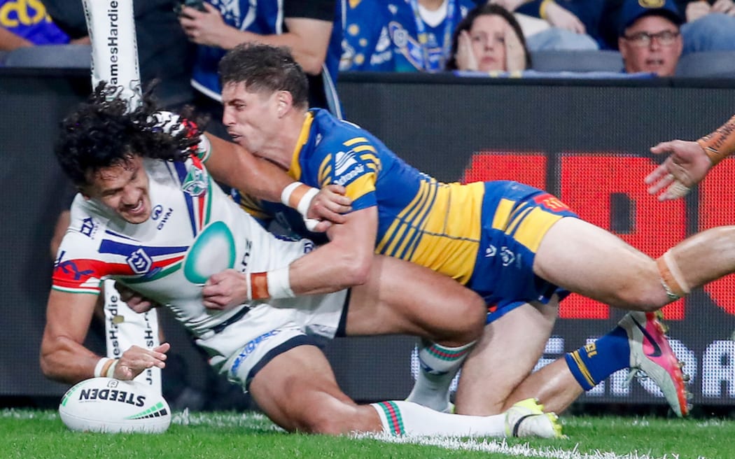 Dallin Watene-Zelezniak scores. Parramatta Eels v One NZ Warriors. NRL Rugby League, CommBank Stadium, NSW, Australia, Saturday 2nd May 2026 Copyright Photo: David Neilson / www.photosport.nz