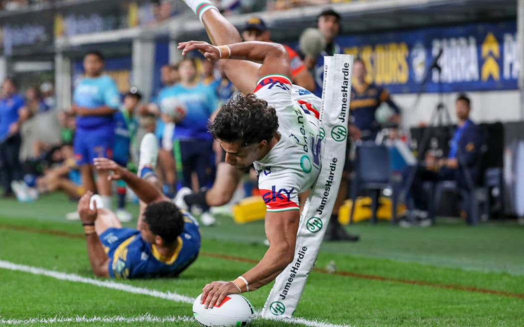 Alofiana Khan-Pereira scores. Parramatta Eels v One NZ Warriors. NRL Rugby League, CommBank Stadium, NSW, Australia, Saturday 2nd May 2026 Copyright Photo: David Neilson / www.photosport.nz