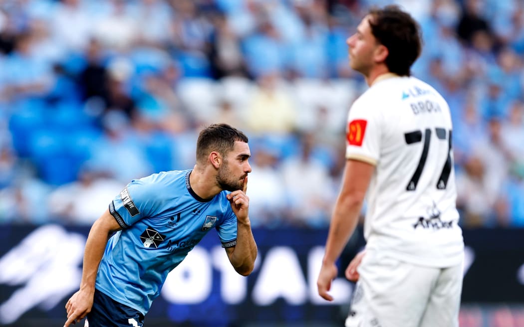Ben Garuccio of Sydney celebrates scoring a goal during the round 26 A-League Men match between Sydney FC and Auckland FC at Allianz Stadium.