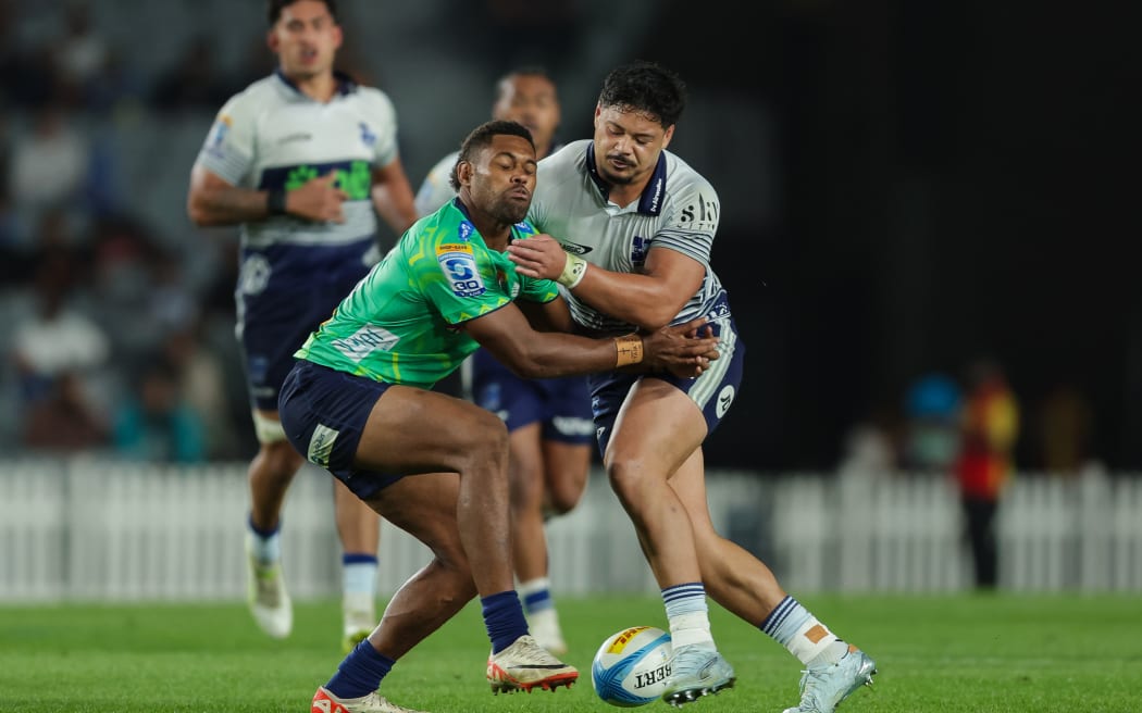 Fijian Drua Ilaisa Droasese and Blues AJ Lam during Blues vs Fijian Drua, Super Rugby Pacific at Eden Park, Auckland, New Zealand on Saturday 28 March 2026.
Photo: Joshua Devenie / www.photosport.nz