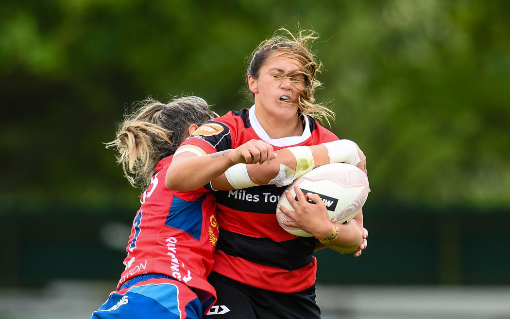 Te Rauoriwa Gapper of Canterbury is tackled by Michelle Curry of Tasman during the Farah Palmer Cup rugby match, Canterbruy V Tasman, at Rugby Park, Christchurch, New Zealand, 17th October 2020.