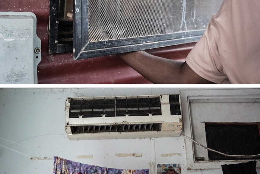 a composite of a dirty aircon and a fly screen 
