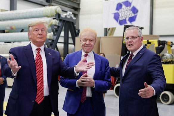 Donald Trump, Anthony Pratt and then prime minister Scott Morrison at the opening of Pratt Industries’ recycling and paper plant in Wapakoneta, Ohio in 2019.