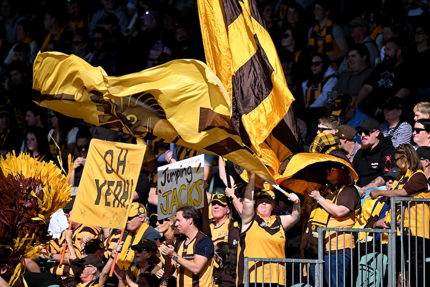 Hawthorn fans wave flags and celebrate.