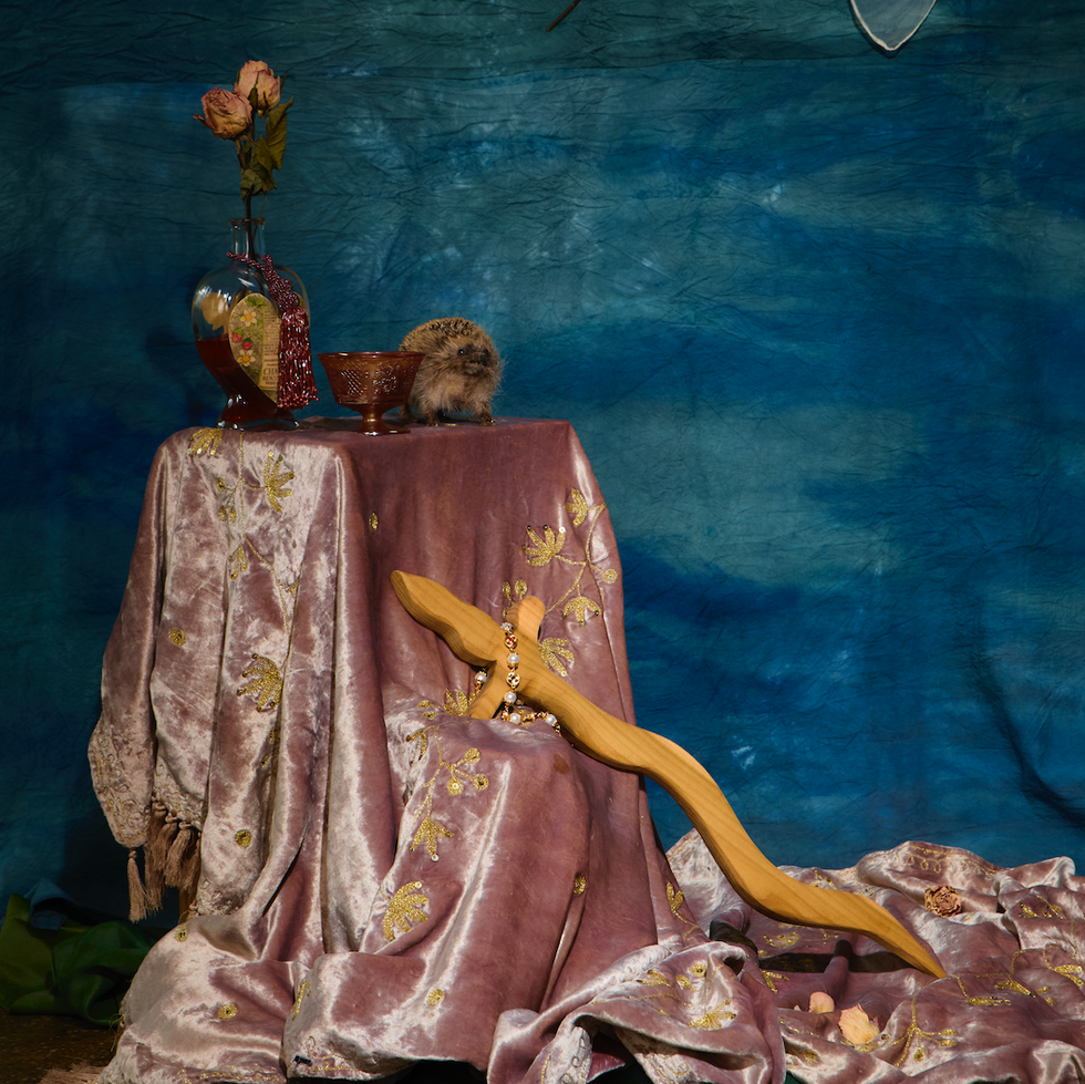 Still life composition featuring various objects on a table.