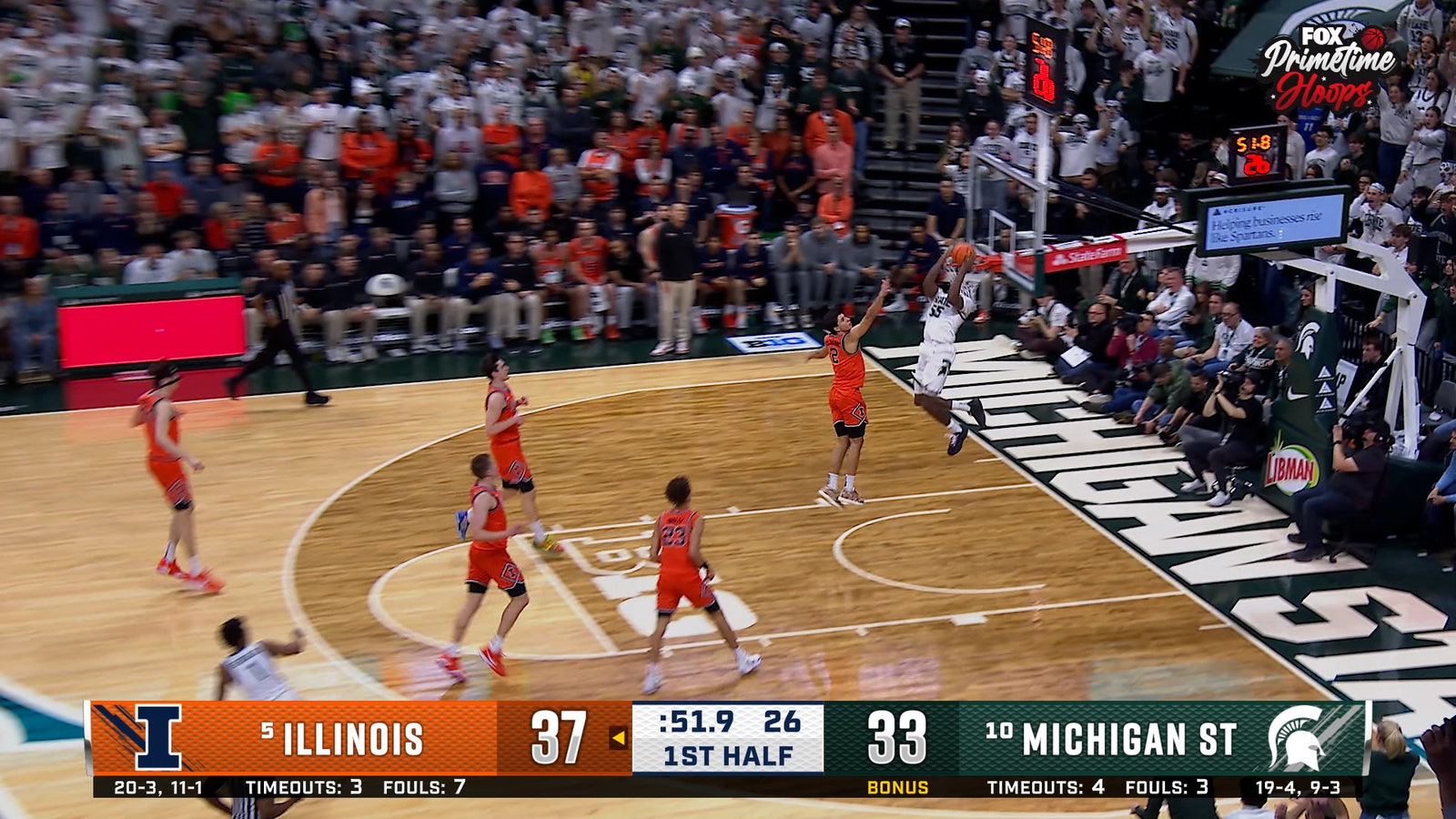 Michigan States' Jeremy Fears connects with Coen Carr for an alley-oop