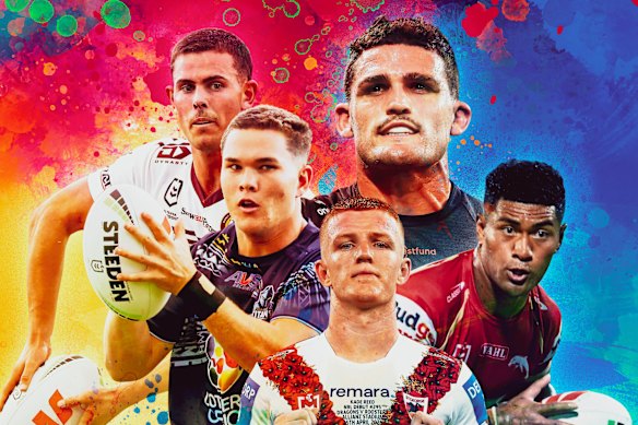 Nathan Cleary has influenced the next generation of No.7s, including (from left) Joey Walsh, Zane Harrison, Kade Reed and Isaiya Katoa.