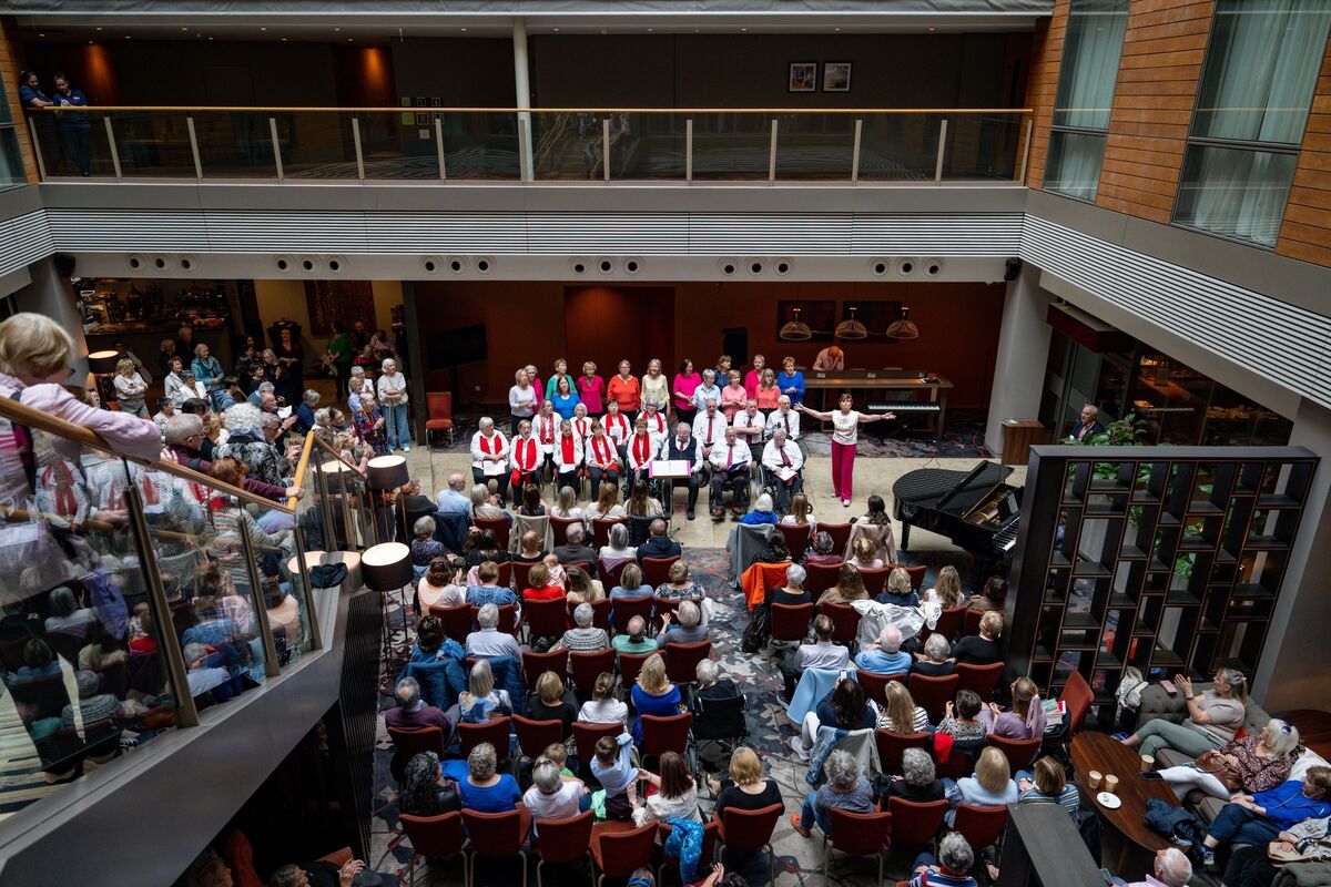 The Stroke Notes choir, made up of stroke survivors and their families from Cork Stroke Support, perform to a large audience in the atrium of the Clayton Hotel Cork City as part of the Cork International Choral Festival. Picture Chani Anderson