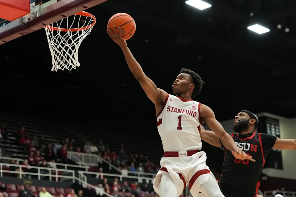 Stanford guard Ebuka Okorie shoots against Cal-State Northridge during the first half at Maples Pavilion in Stanford, California, Dec. 27, 2025.
