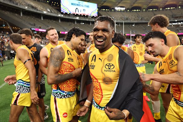 Liam Ryan celebrates victory over Fremantle in last year’s Indigenous All-Stars match at Optus Stadium.