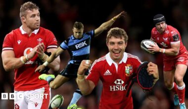 Leigh Halfpenny applauds in a Wales jersey, kicking for Cardiff, celebrating holding a Lions cap and passing the ball for Scarlets