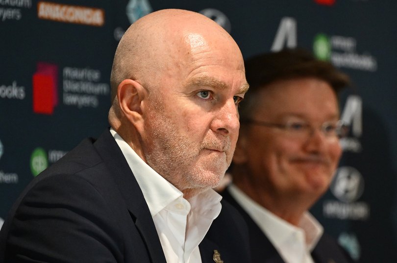 Carlton CEO Graham Wright and Carlton President Rob Priestley speak to the media.