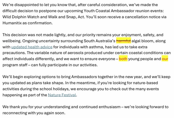 A block of text which is an apology letter to an event participant. The word harmful is struck through.