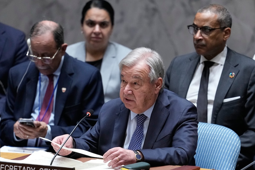 United Nations Secretary-General António Guterres speaks during a Security Council meeting.