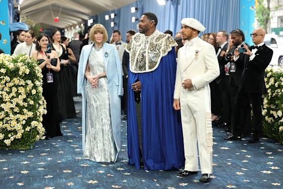 Lewis Hamilton in a Stephen Jones beret with Anna Wintour and Colman Domingo at last year’s Met Gala.