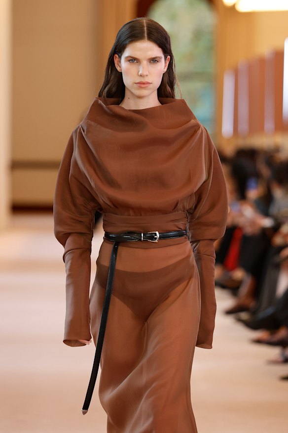 Brown out on the Aje runway at The Lands by Capella on day two of Australian Fashion Week.