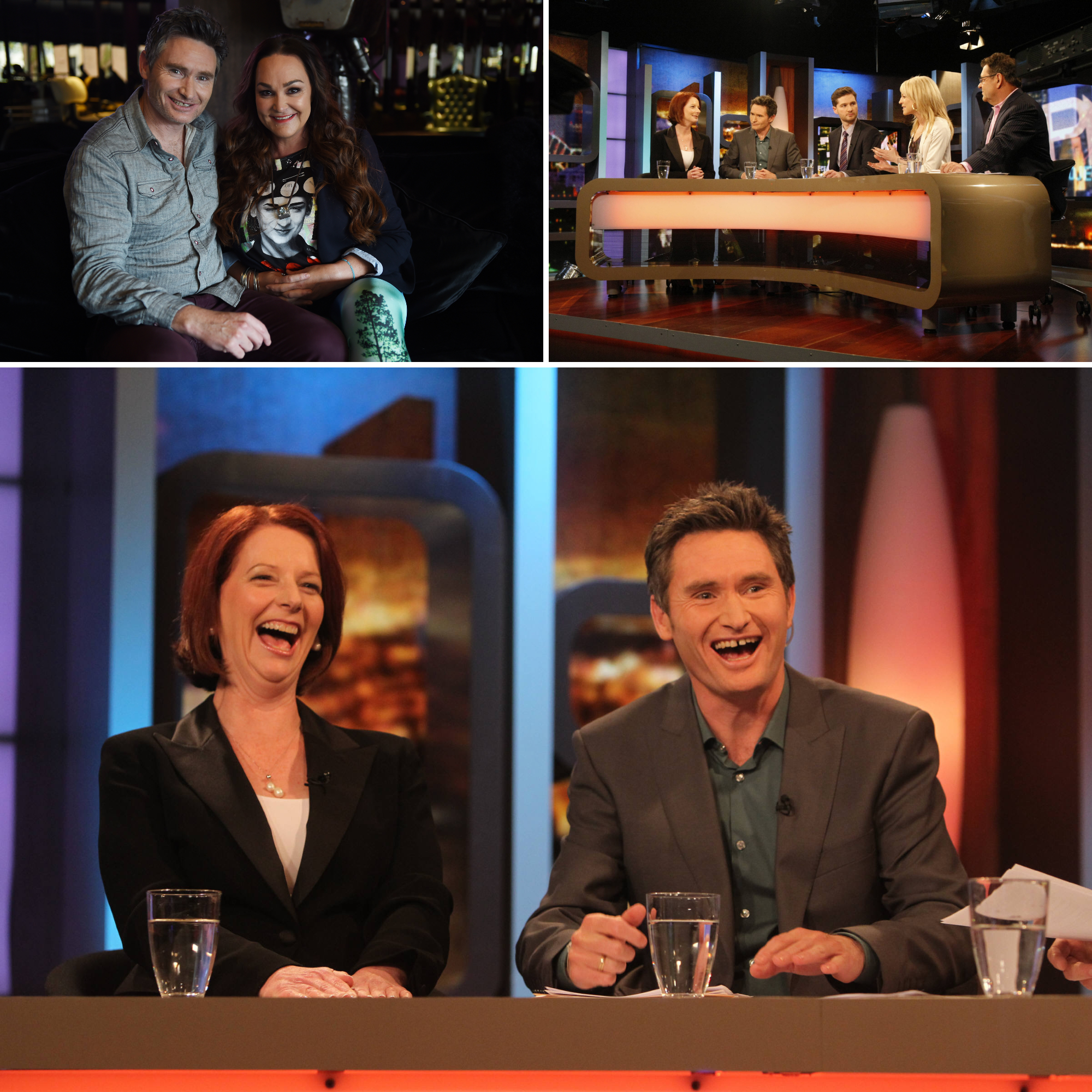 Dave Hughes posing with Kate Langbroek and sitting on The Project panel with Julia Gillard.