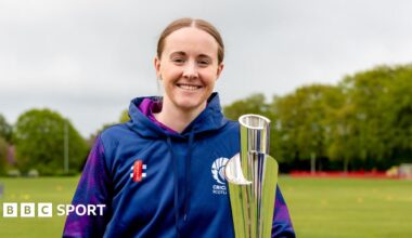 Kirstie Gordon with the Women's T20 World Cup trophy