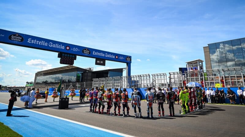 The MotoGP grid during the playing of the national anthem on the Brazilian GP grid
