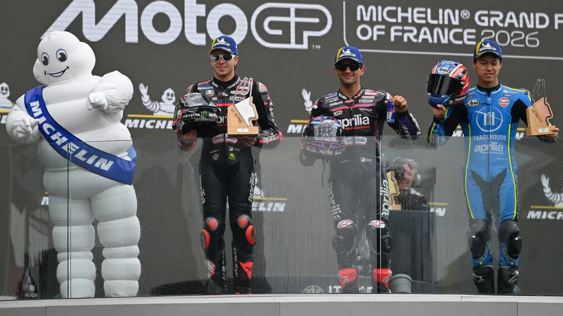 Marco Bezzecchi, Jorge Martin and Ai Ogura on the podium at the French GP