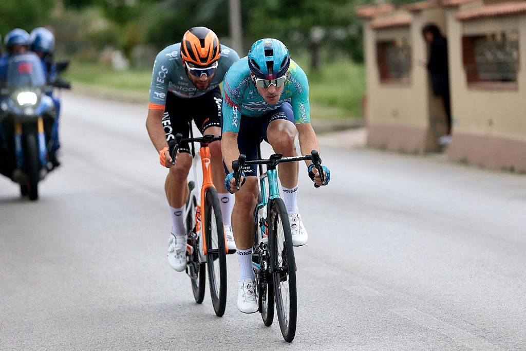 INEOS Grenadiers Italian rider Filippo Ganna (front) and XDS Astana Team Italian rider Alberto Bettiol ride during their breakaway during the 8th stage of the Giro d'Italia 2026 - Tour of Italy cycling race between Chieti and Fermo, central Italy on May 16, 2026. (Photo by Luca Bettini / AFP)