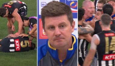 AFL 2026: Jamie Elliott knee injury, Collingwood Magpies defeat West Coast Eagles, scuffle, what happened, video