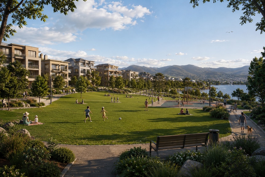 A render of a proposed housing development at Dowsing Point, Hobart.