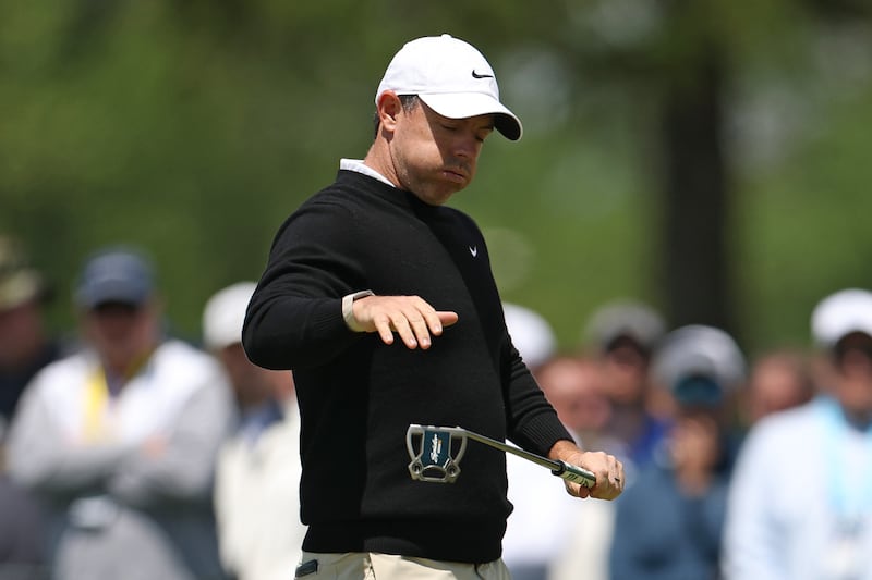 Rory McIlroy of Northern Ireland reacts after a putt on the sixth green. Photograph: Emilee Chinn/Getty