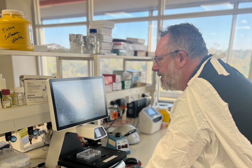 A man in a lab looks at a computer screen.