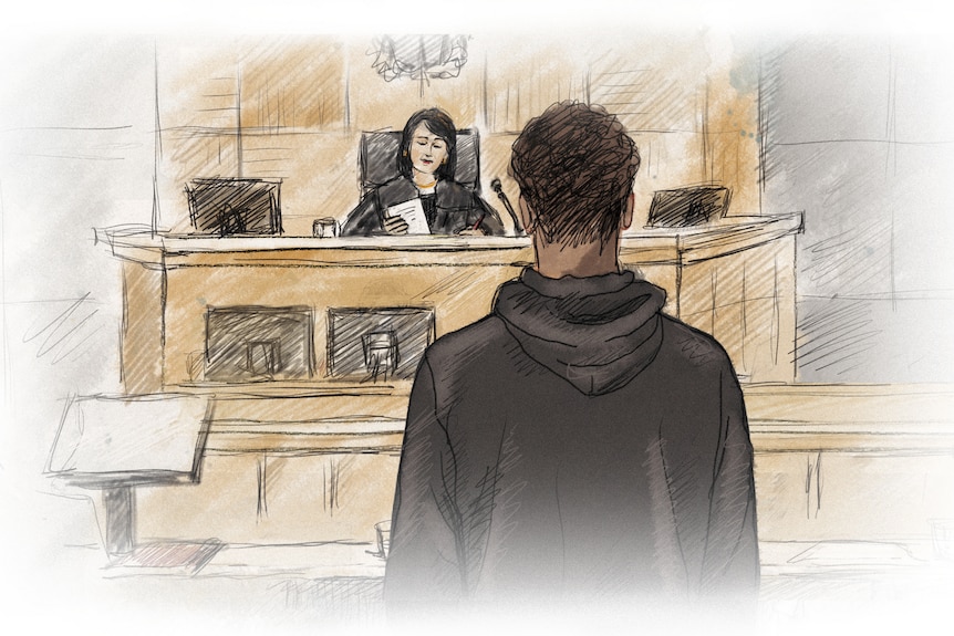 man in a black hoodie in a court sketch
