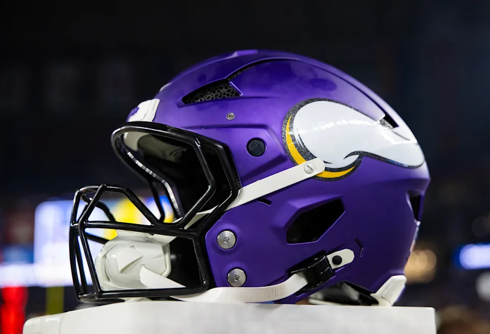 Jan 13, 2025; Glendale, AZ, USA; Detailed view of a Minnesota Vikings helmet during an NFC wild card game at State Farm Stadium. Mandatory Credit: Mark J. Rebilas-Imagn Images