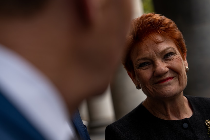 pauline Hanson smiles at another politician outside parliament house