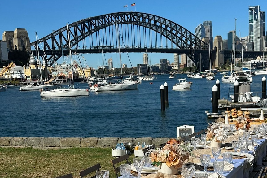 A picnic setup with a scenic view of Sydney Harbour.