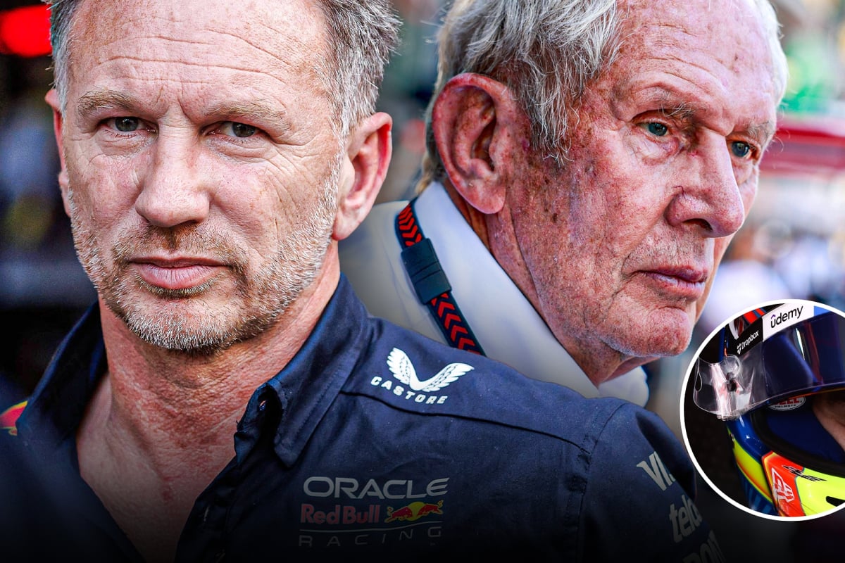 Oscar Piastri looks across suspiciously at Christian Horner and Helmut Marko