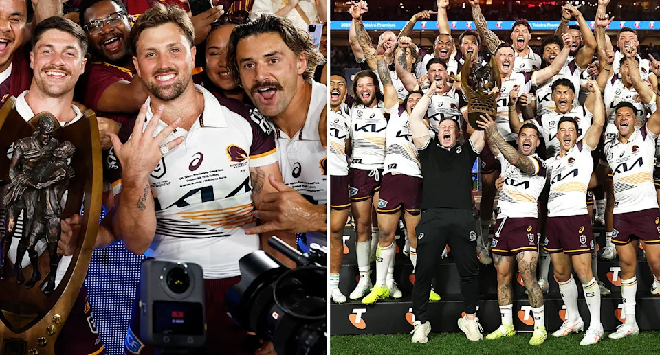 Tyson Smoothy and Broncos teammates after the 2025 NRL grand final.