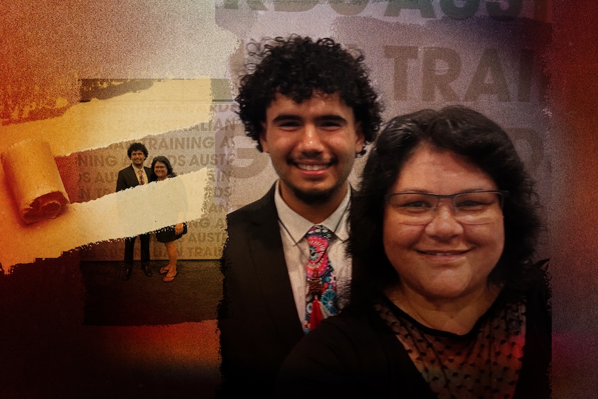 Selina and Jaharn smile at the camera. Treated graphic illustrations around them.