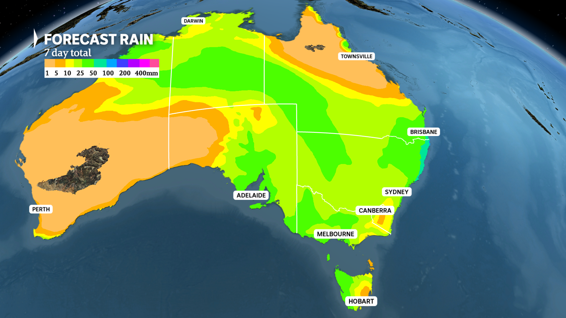 weather map shows About 15 to 30mm of rain is forecast across a large portion of central and south-east Australia