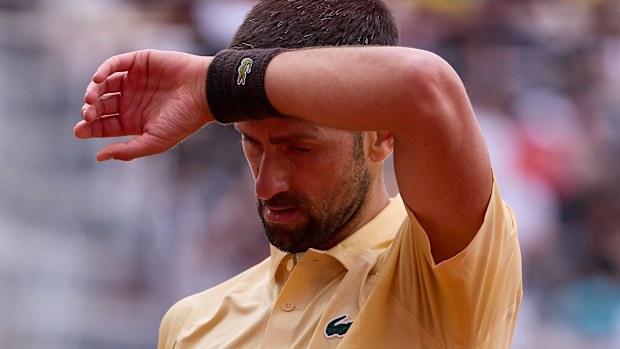 Novak Djokovic of Serbia reacts on during his single match against Dino Prizmic of Croatia during the Internazionali BNL D'Italia 2026 at Foro Italico on May 08, 2026 in Rome, Italy. (Photo by Emmanuele Ciancaglini/Ciancaphoto Studio/Getty Images)