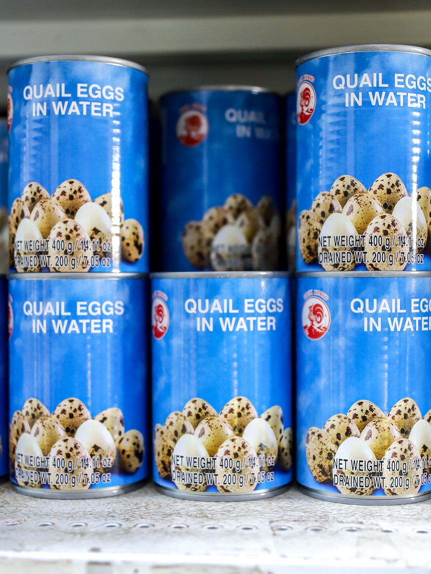 Rows of brightly coloured cans of quail eggs in water for sale on a supermarket shelf