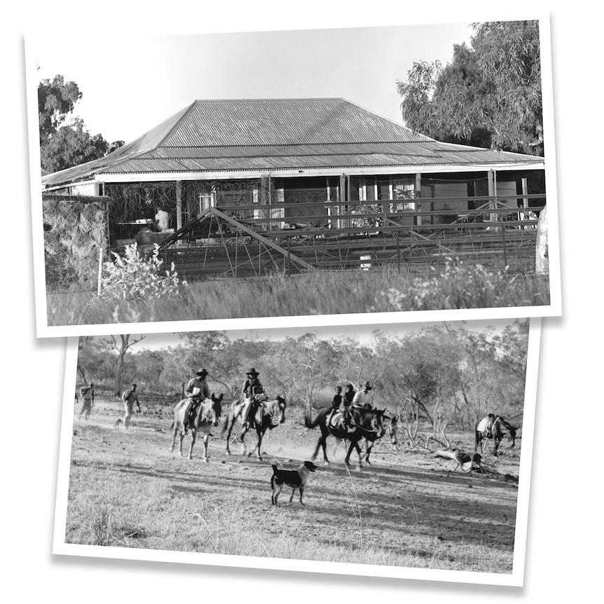 A composite of an archival image of a station homestead, and of Aboriginal stockmen riding horses.