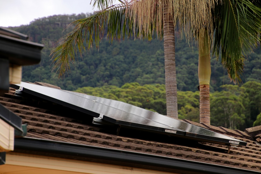 Two solar panels on top of a tiled roof with th escarpment in the background.