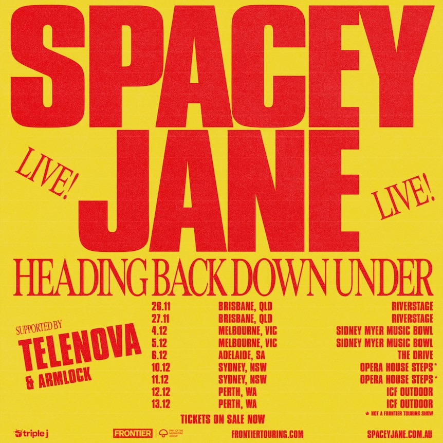 Yellow poster with bold red text detailing Spacey Jane's 2026 Australian tour