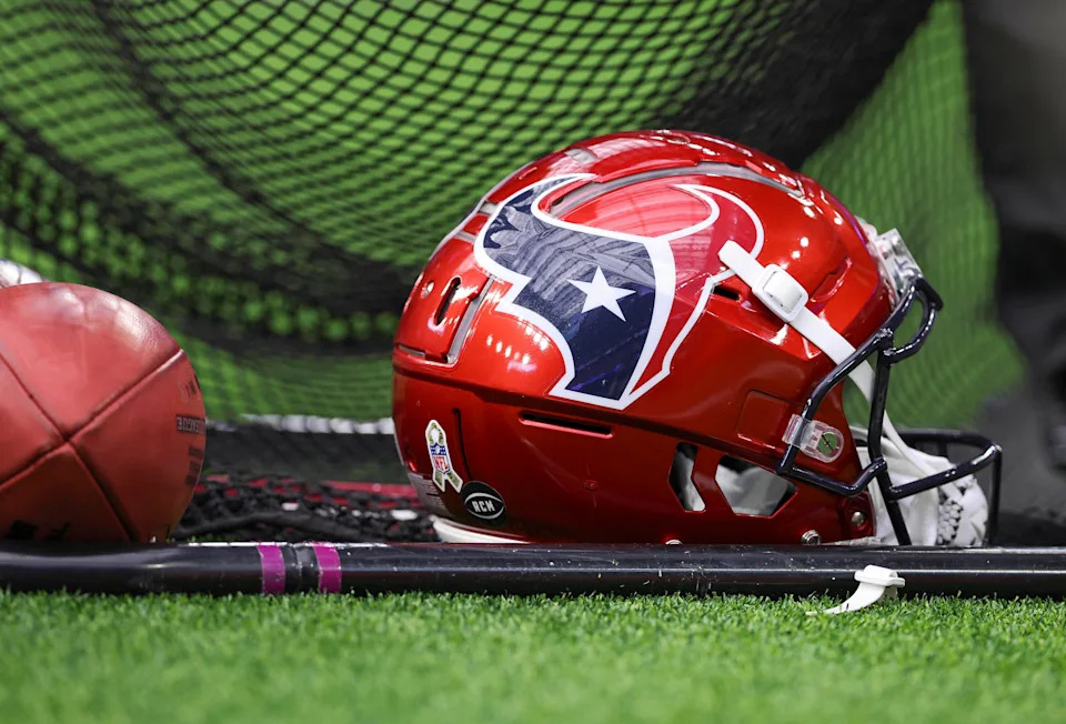 Nov 19, 2023; Houston, Texas, USA; View of a Houston Texans battle red helmet before the game against the Arizona Cardinals at NRG Stadium. Mandatory Credit: Troy Taormina-USA TODAY Sports