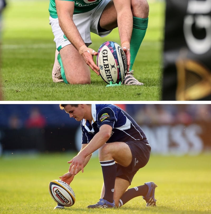 Johnny Sexton used a low, upright tee for the majority of his career (top) but was pictured in 2007 using an elevated telescopic tee (bottom). Photographs: Inpho