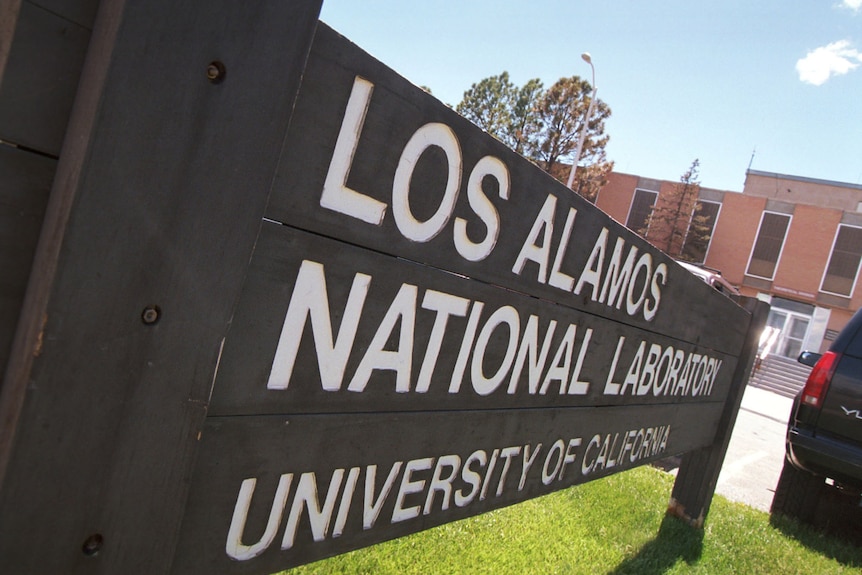 A sign greets visitors as they arrive on the Los Alamos National Laboratory campus.
