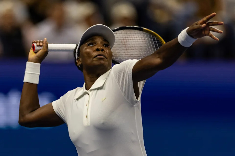 Venus Williams of the United States in action against Karolina Muchova of the Czech Republic in the first round of the women’s singles at the U.S. Open on August 25, 2025. / Mike Frey / IMAGN IMAGES via Reuters Connect