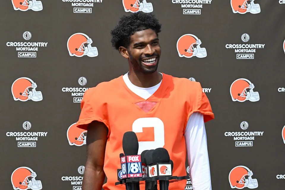 BEREA, OHIO - APRIL 21: Shedeur Sanders #2 of the Cleveland Browns answers questions from the media after a voluntary veteran minicamp at CrossCountry Mortgage Campus on April 21, 2026 in Berea, Ohio. (Photo by Nick Cammett/Getty Images)