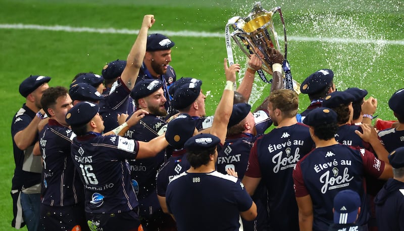 Bordeaux-Bègles celebrate after beating Northampton Saints in the 2025 Champions Cup final at Principality Stadium, Cardiff. Photograph: James Crombie/Inpho