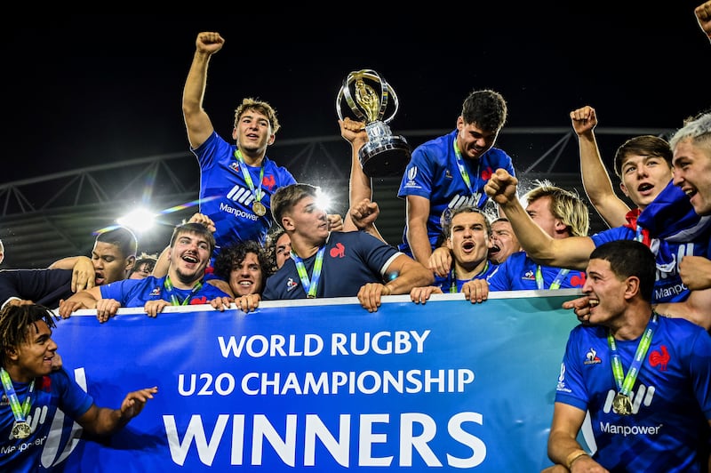 France celebrate winning the World Under-20 Championship. Photograph: Darren Stewart/Steve Haag Sports/Inpho